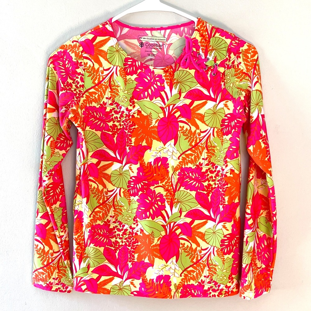 Coolibar Girls LARGE Long Sleeve Shirt‎ Sun Protecting UPF50+ Pink Floral Beach